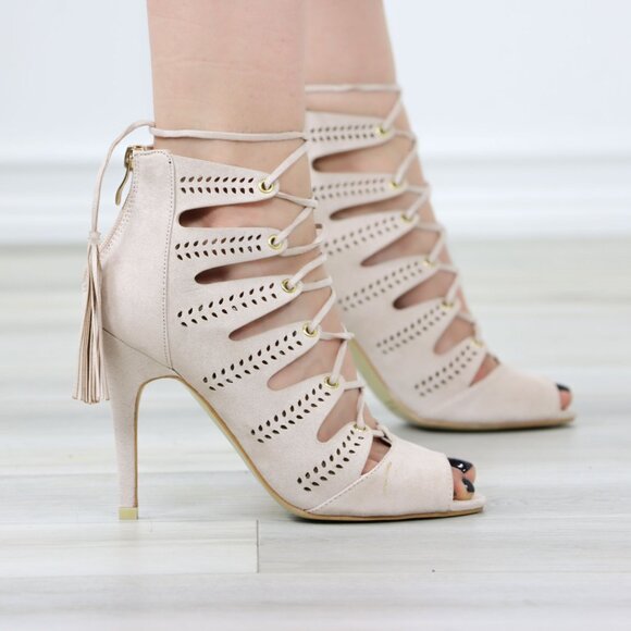 Nude Faux Suede Strappy High Heels Sandals Open Toe - Picture 6 of 10